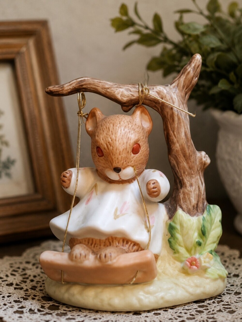 Vintage Enesco Bunny on Swing Figurine | Ceramic Rabbit Collectible | Easter